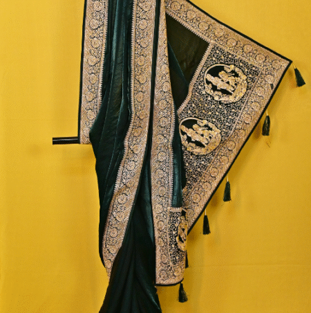 Deep Green Satin Velvet Saree